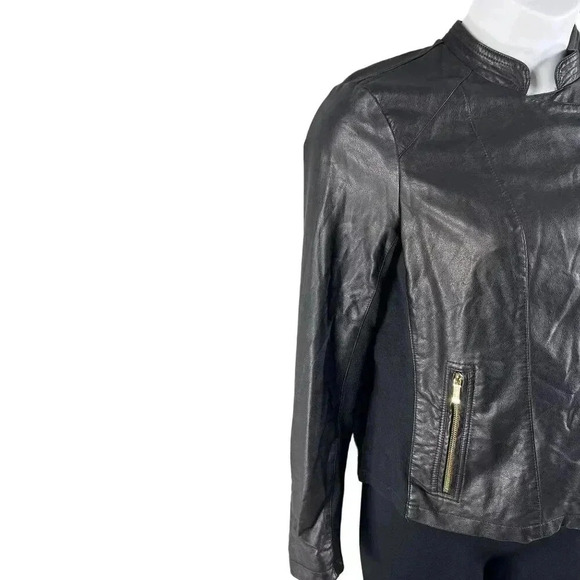 Calvin Klein Size 8 Vegan Black leather jacket gold hardware Asymmetrical Lined - Picture 8 of 16